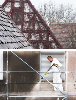 Mit dem Fahrgerüst reinigen wir Fassaden, Mauern, Hallenwände